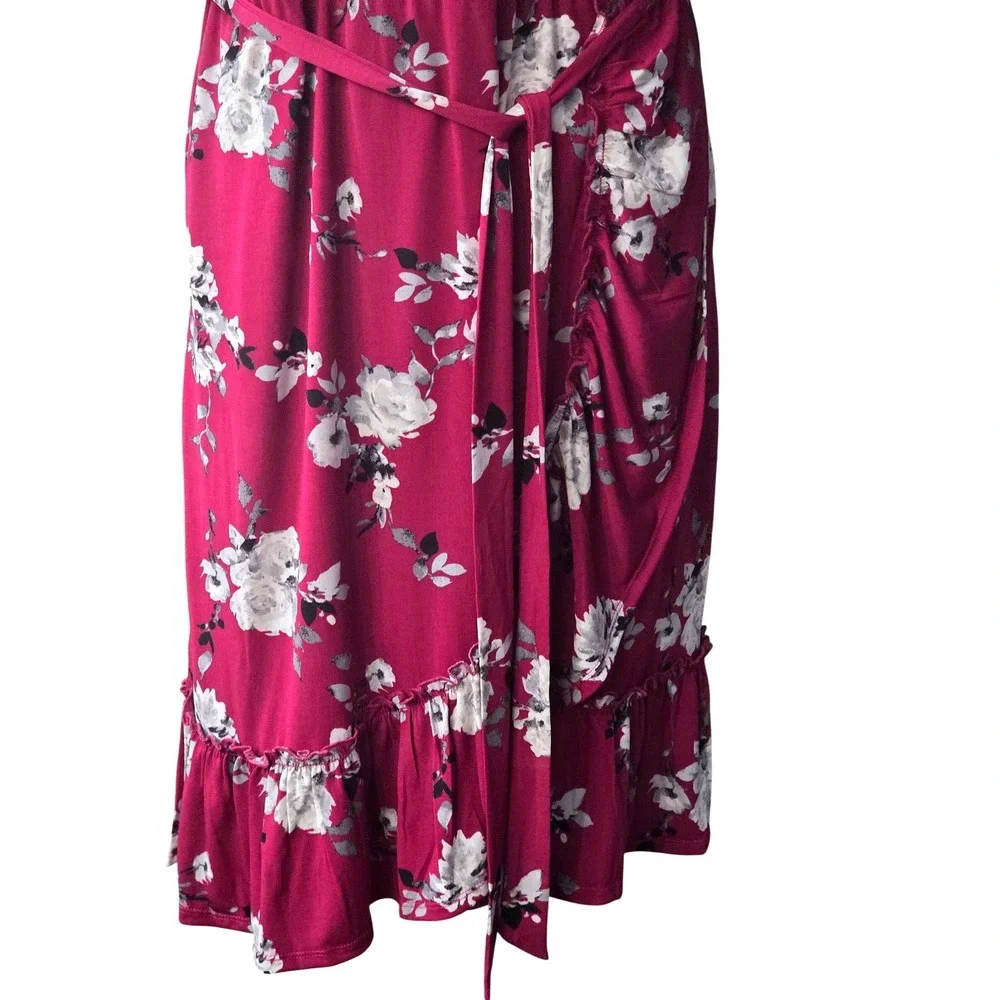 Cato Burgundy Floral Wrap Midi Dress Ruffle Sleeve V-Neck Tie Waist Stretch L B1